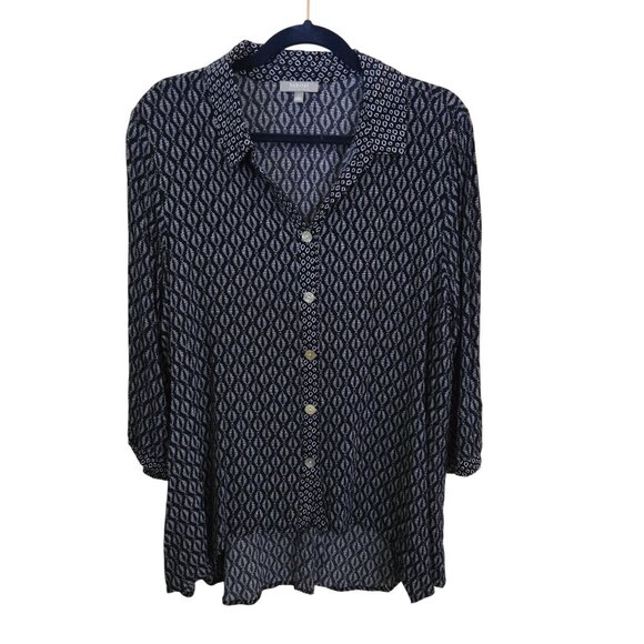 Habitat Navy Eyecat Lagonlook High Low Button Front Blouse Size L - Picture 1 of 7